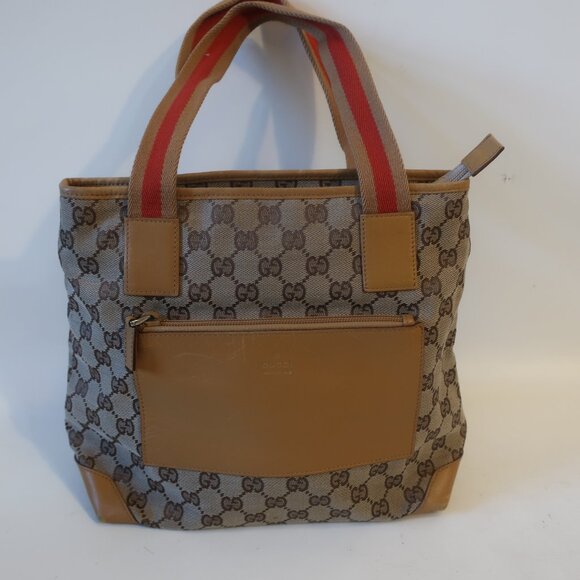 Authentic Gucci Taupe Brown Canvas Leather Shoulder Tote Handbag - Picture 2 of 16